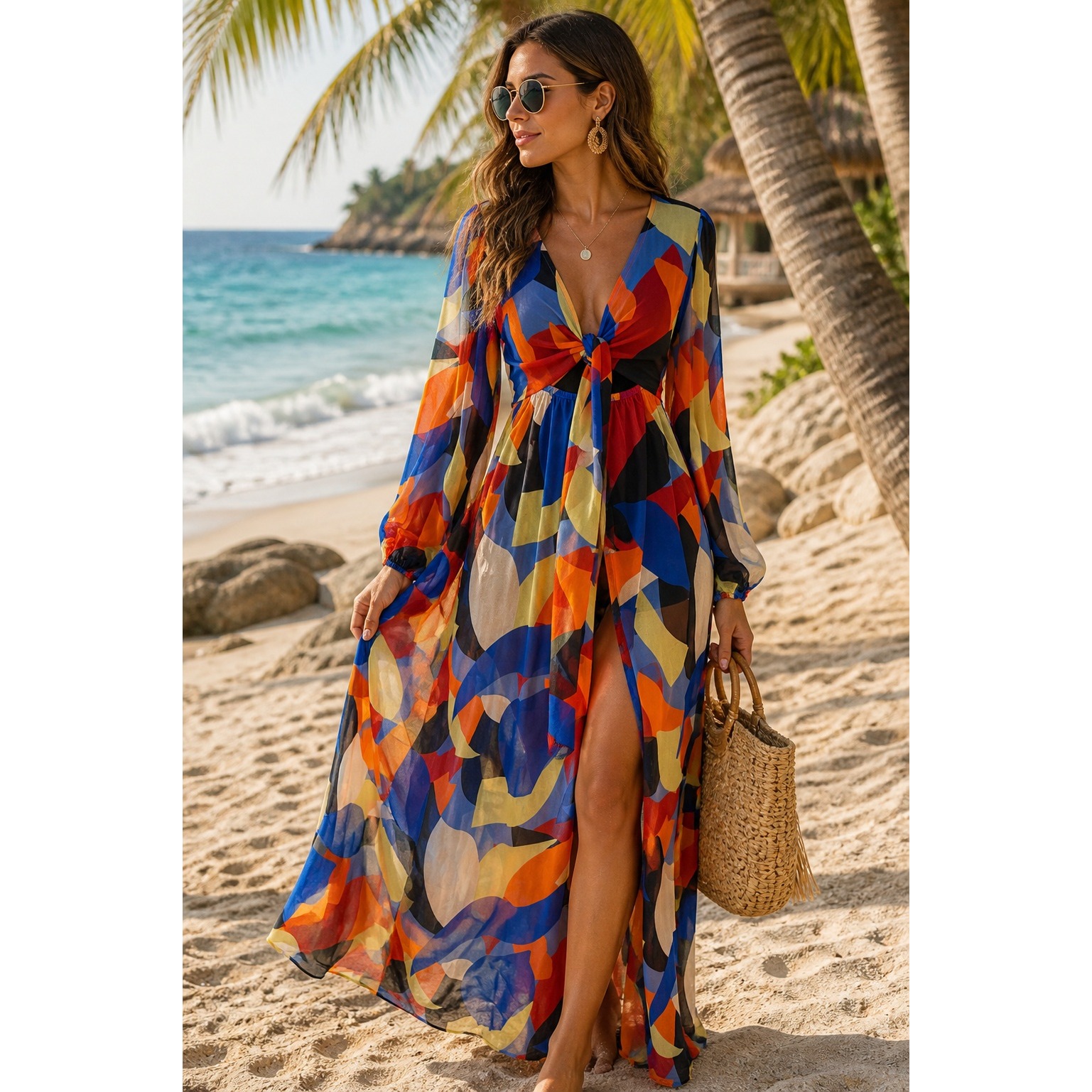 Beach Riot Abstract Print Tie Front Maxi Dress Blue Orange Long Sleeve Large